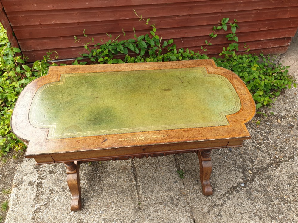 Victorian inlaid walnut single drawer writing table.  View II