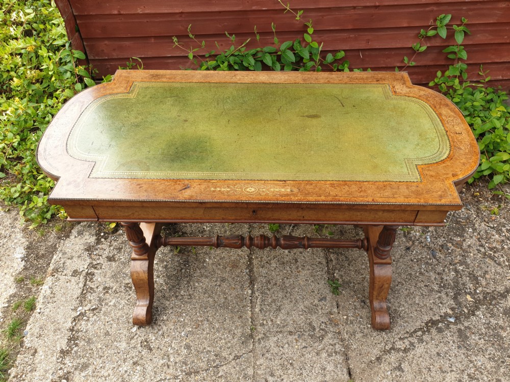 Victorian inlaid walnut single drawer writing table.  View III