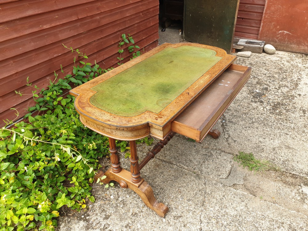 Victorian inlaid walnut single drawer writing table.  View IV