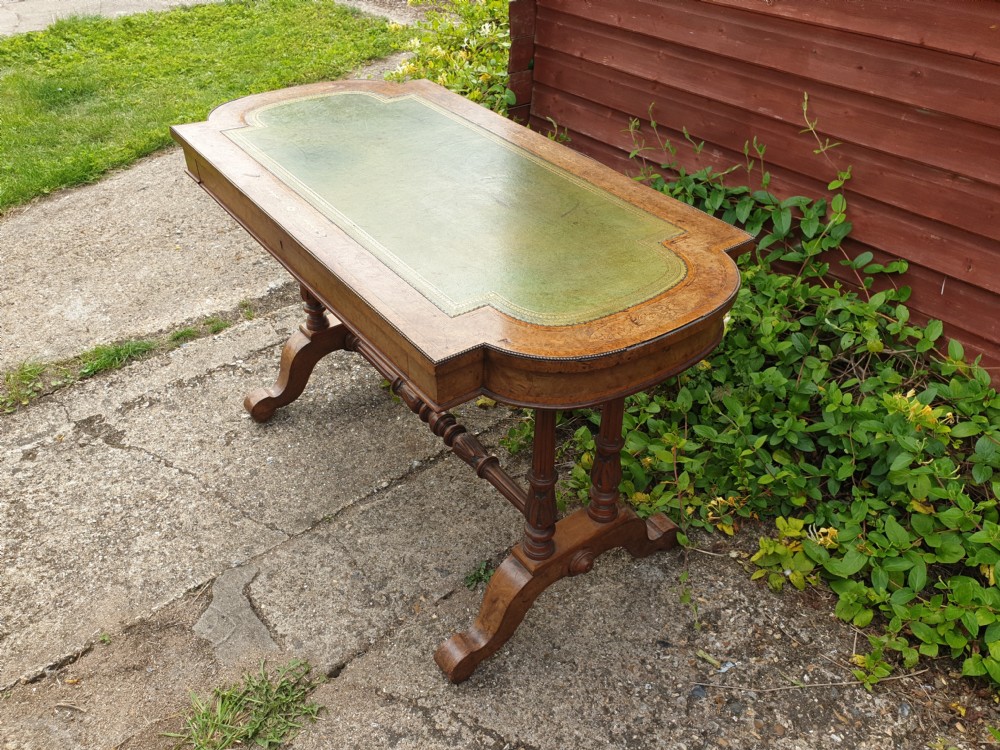 Victorian inlaid walnut single drawer writing table.  View V