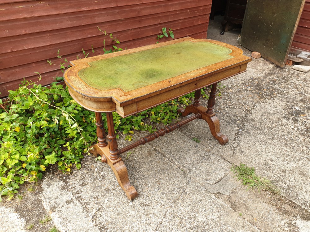 Victorian inlaid walnut single drawer writing table.  View VI