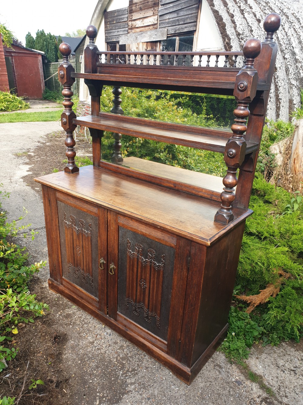 Useful late Victorian oak side cabinet.  View II