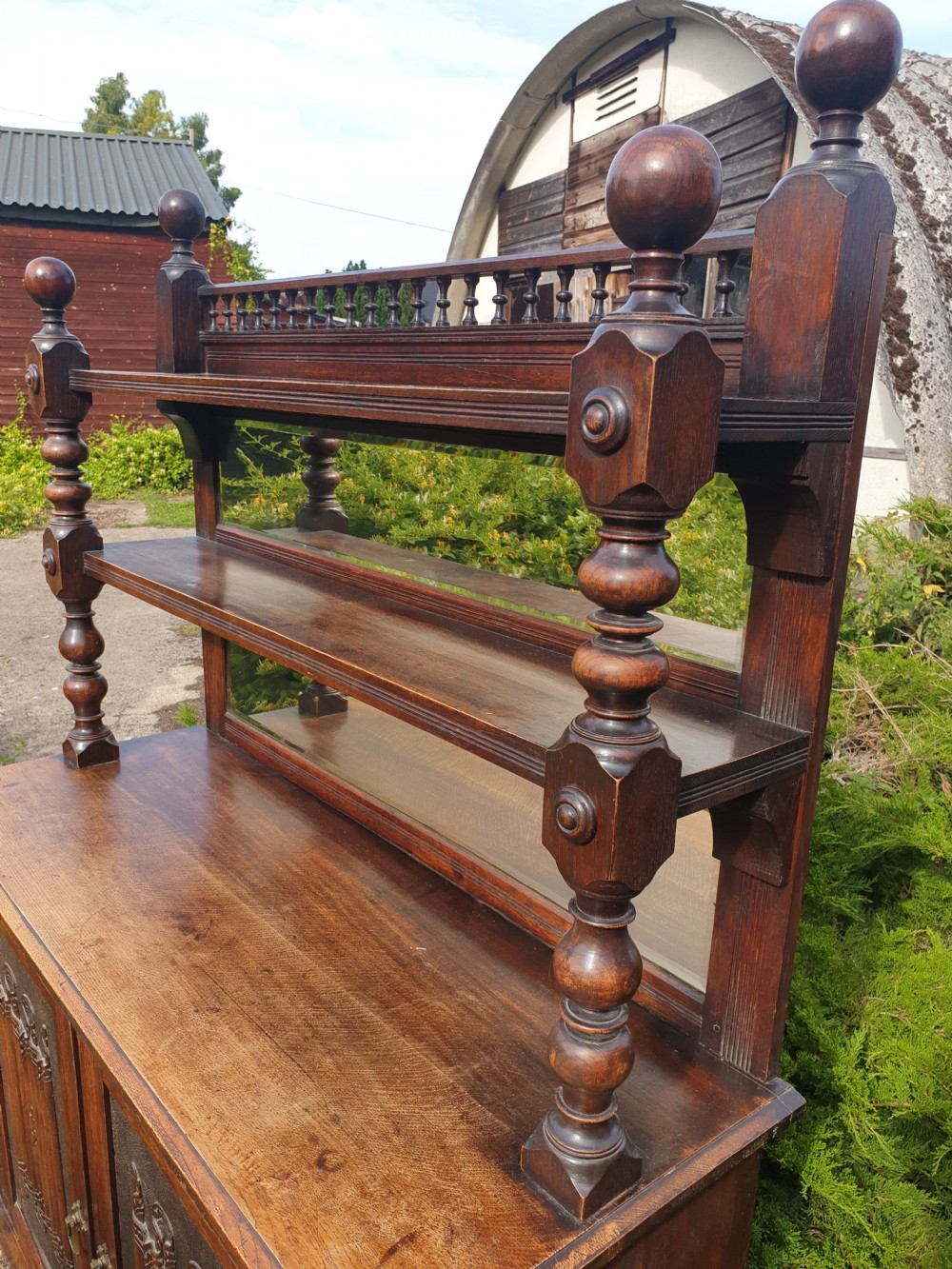 Useful late Victorian oak side cabinet.  View V