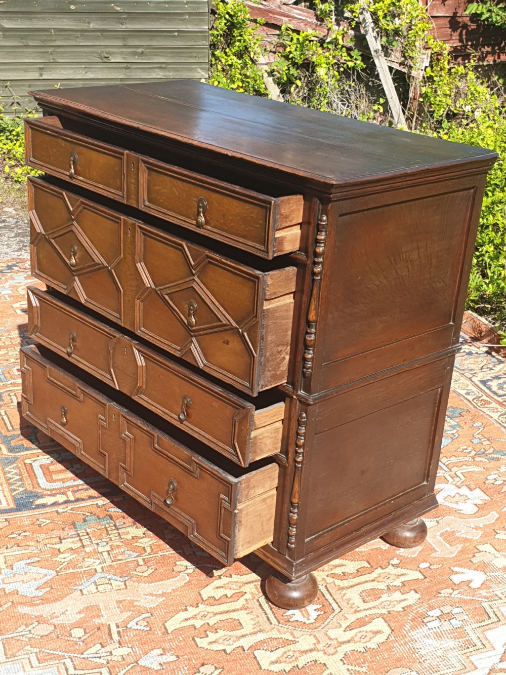 Antique oak 2 part chest of 4 drawers.  View II