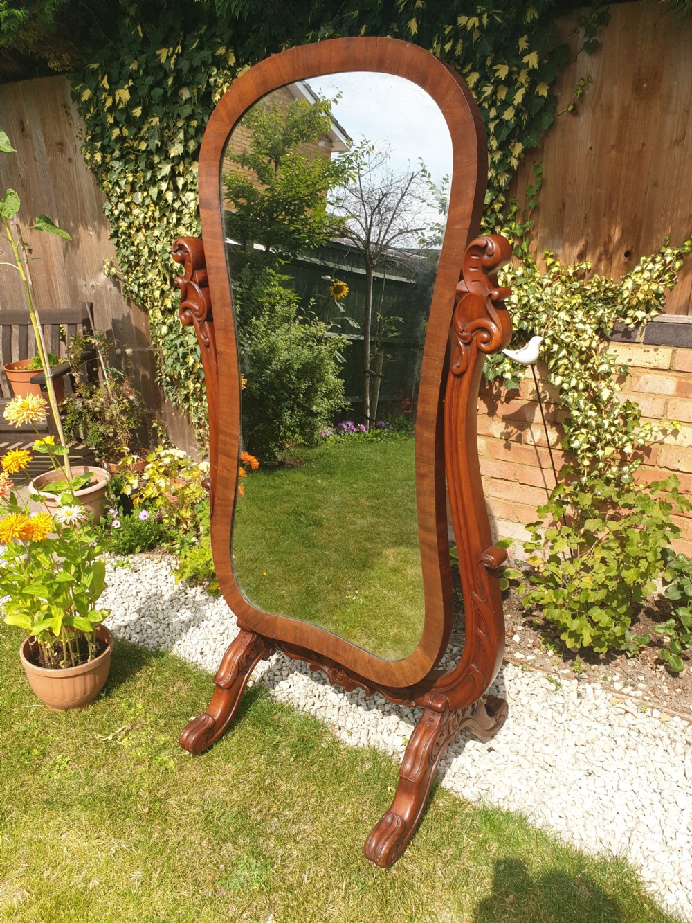 Mid Victorian mahogany cheval dressing mirror.  View III
