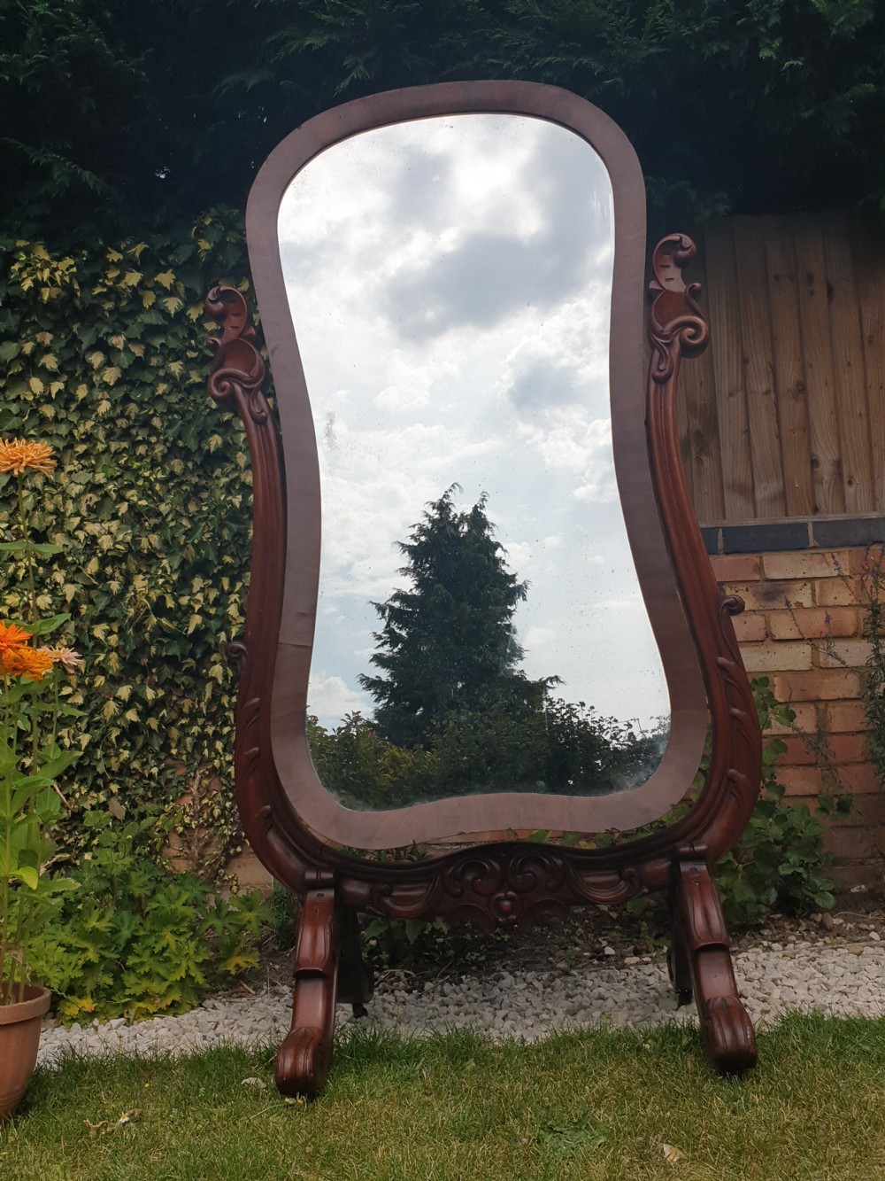 Mid Victorian mahogany cheval dressing mirror.  View IV