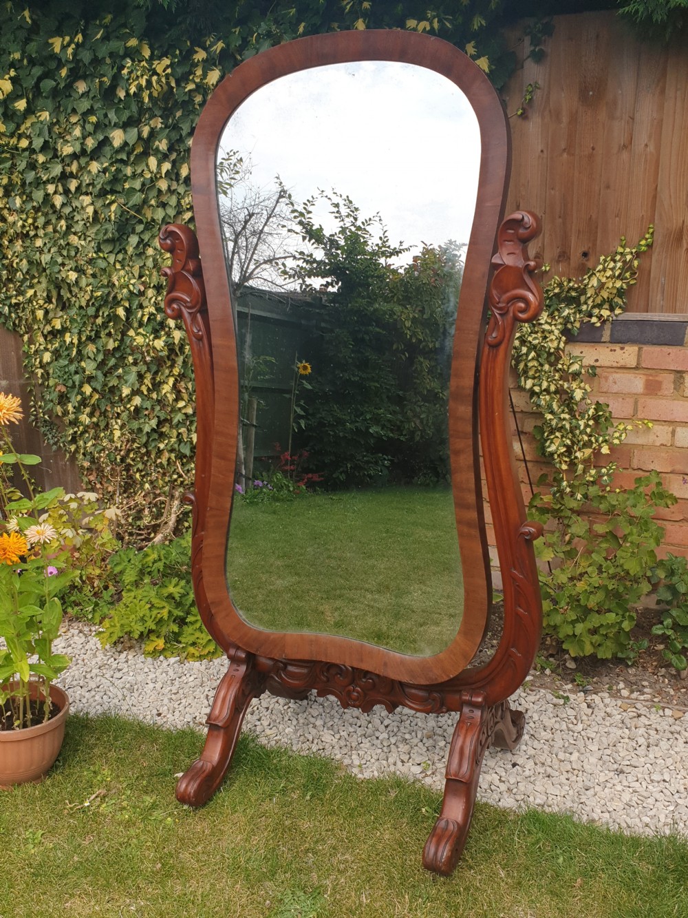 Mid Victorian mahogany cheval dressing mirror.  View V