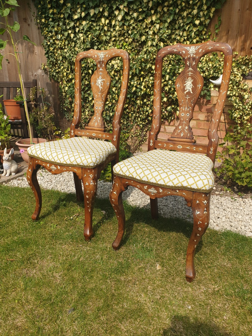 Pair of bone inlaid Italian hall chairs
