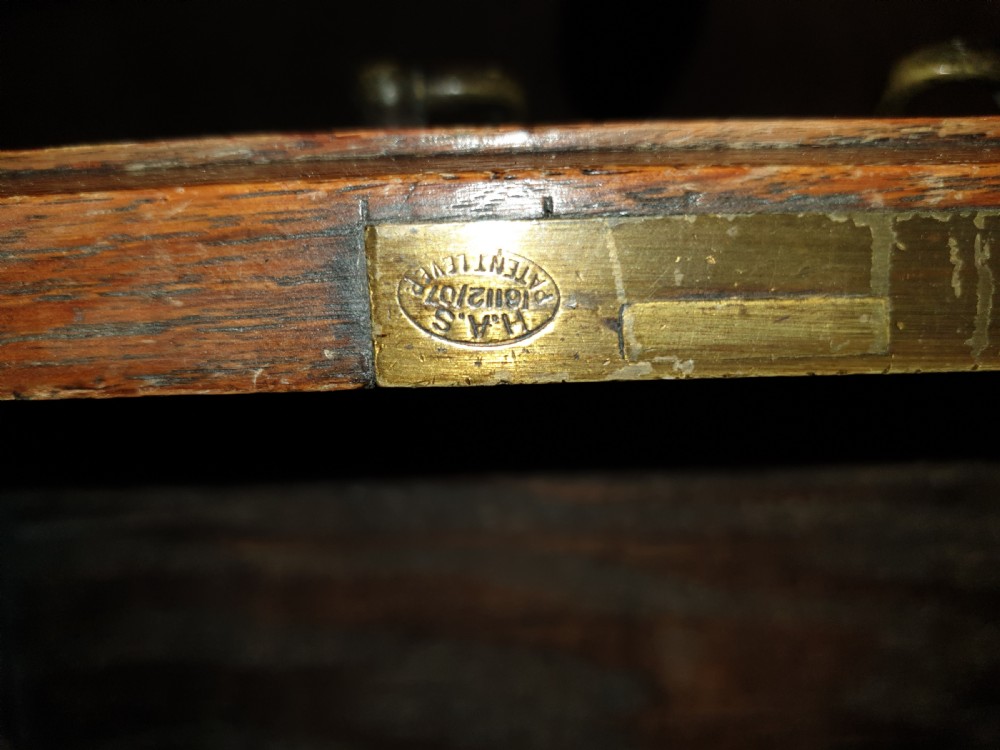 Neat Edwardian oak kneehole pedestal panelled desk.  View III