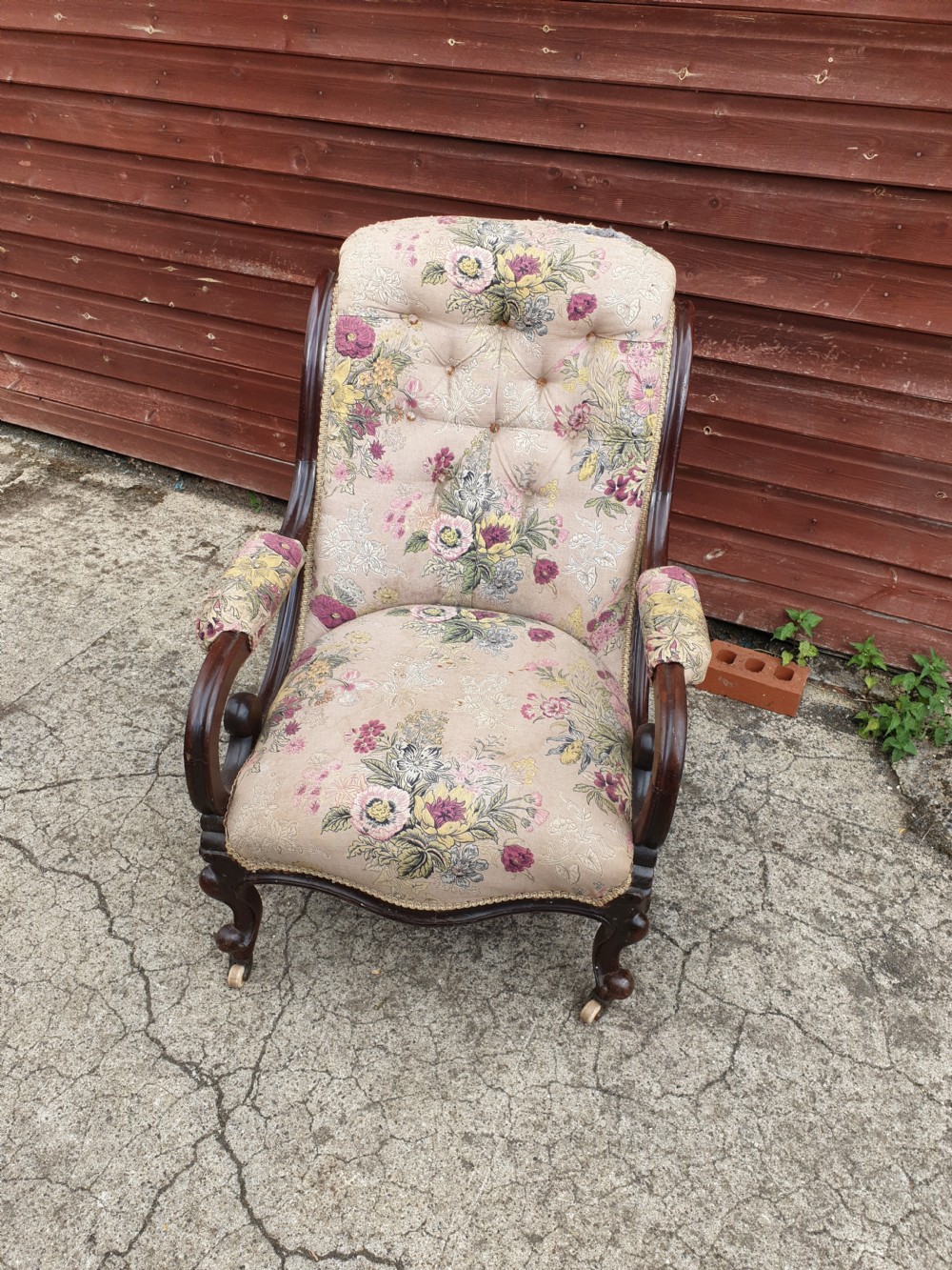 Early Victorian mahogany scroll arm upholstered armchair  View II