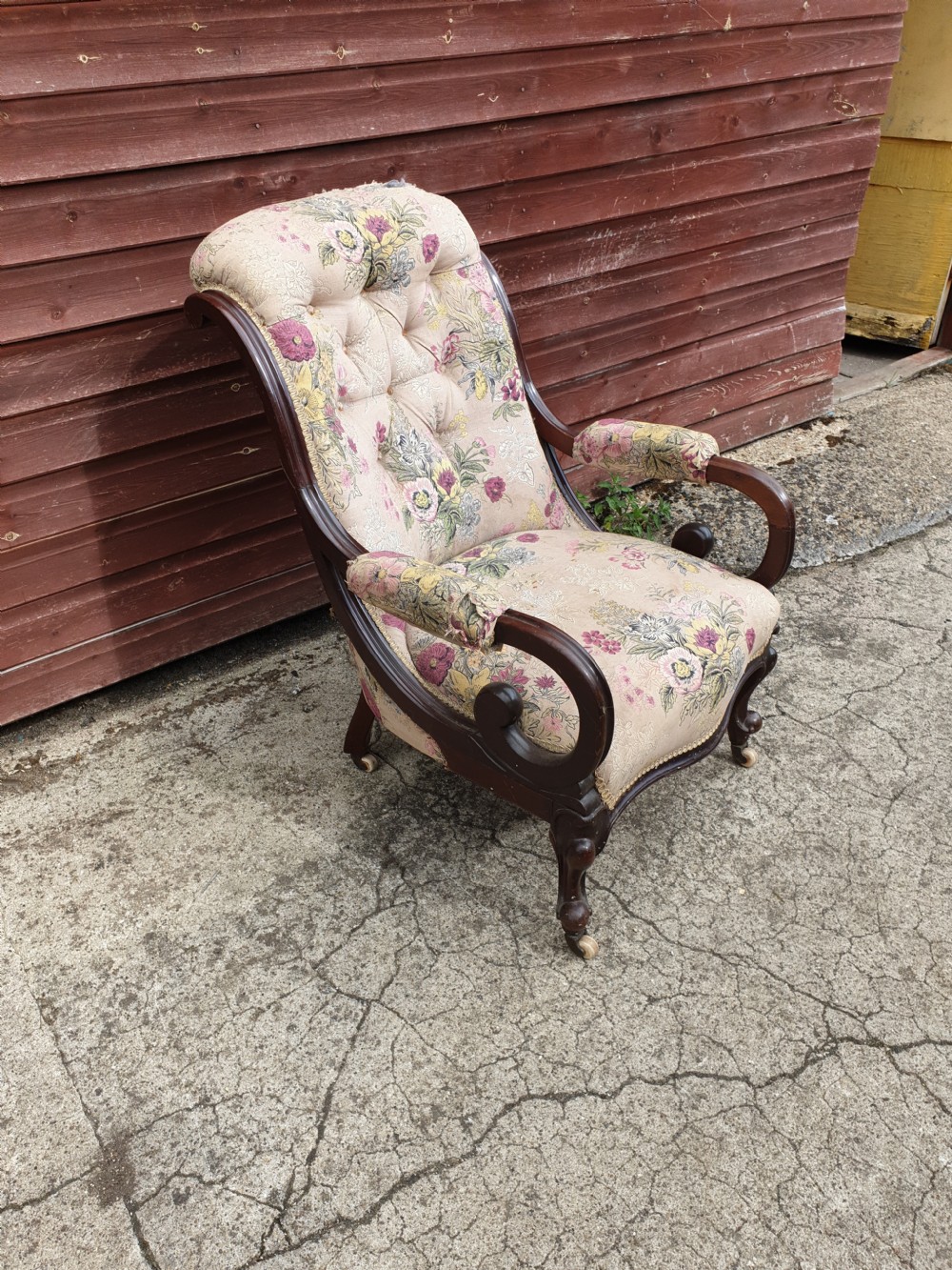 Early Victorian mahogany scroll arm upholstered armchair  View III