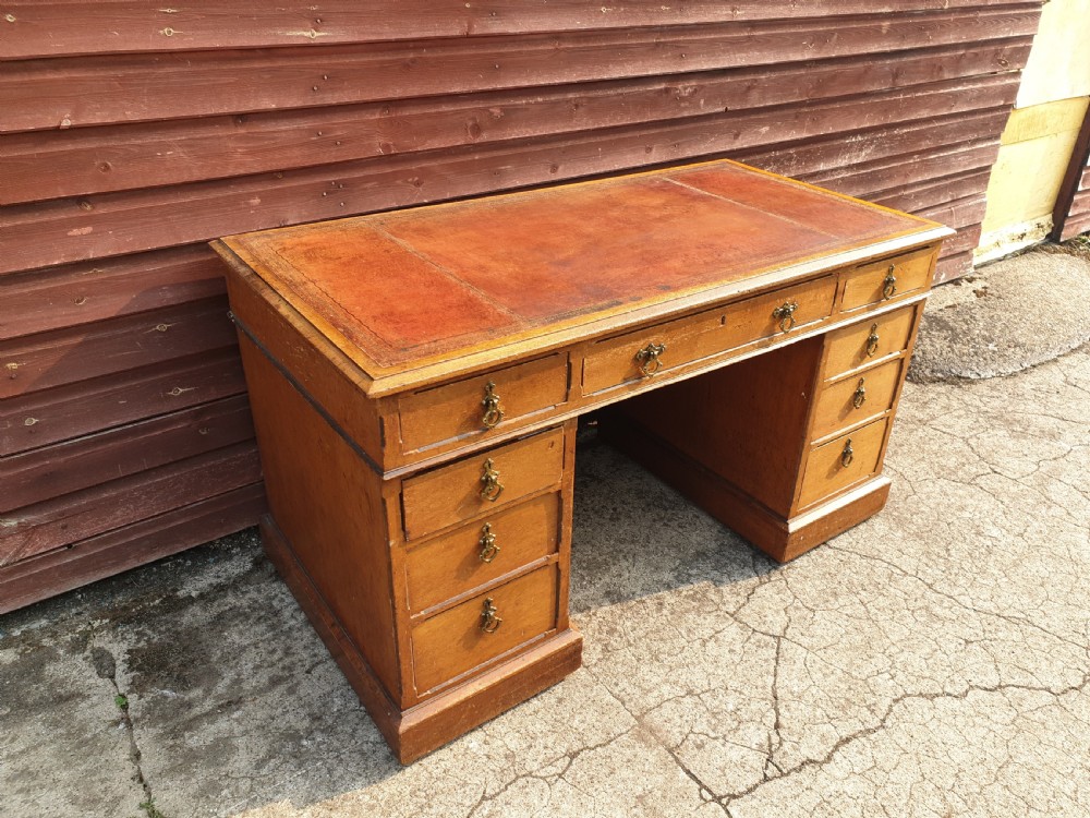 Late Victorian oak kneehole pedestal desk.  View V