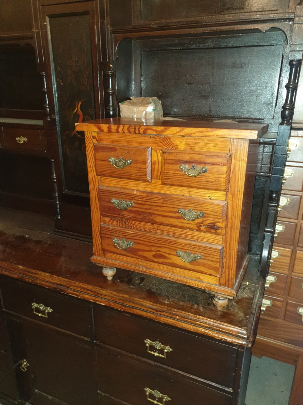 Late Victorian miniature pitch pine chest of drawers  View III
