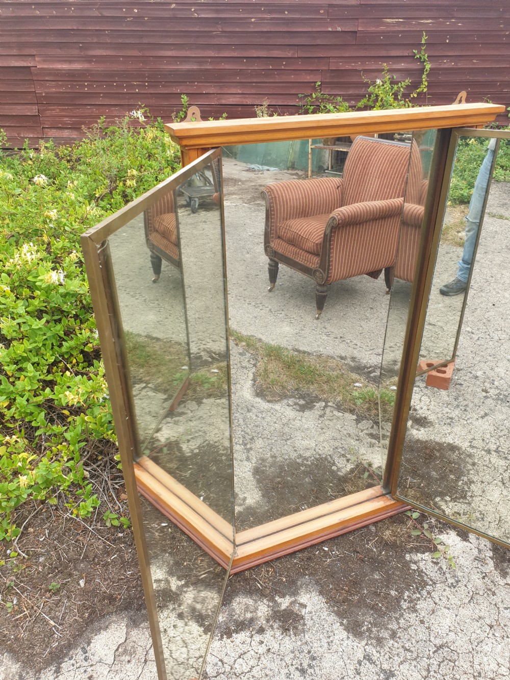 Brass framed wall mounted 3 fold dressing mirror  View II