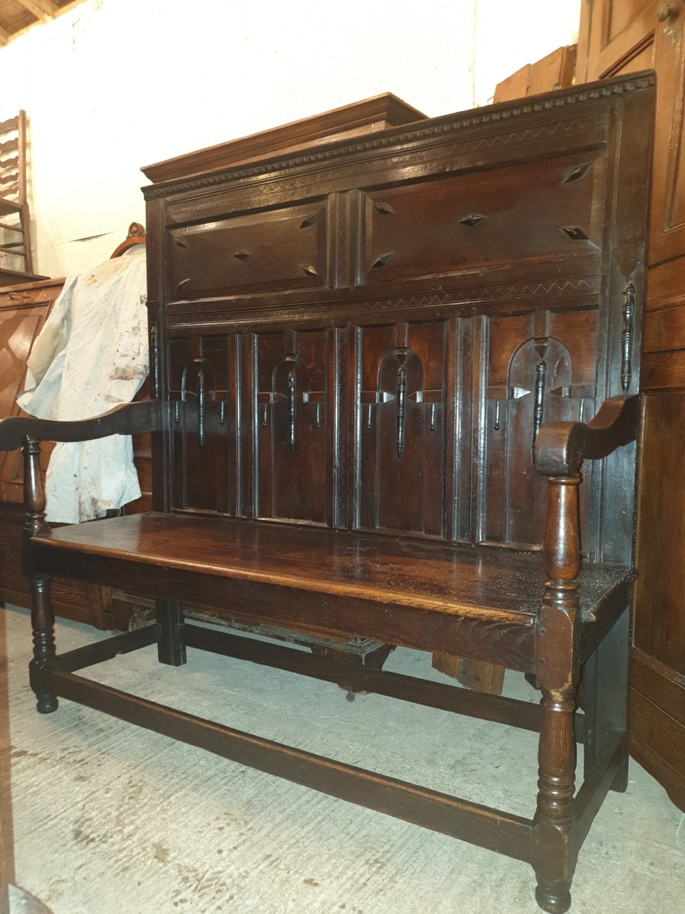 19th century panelled oak hall seat.