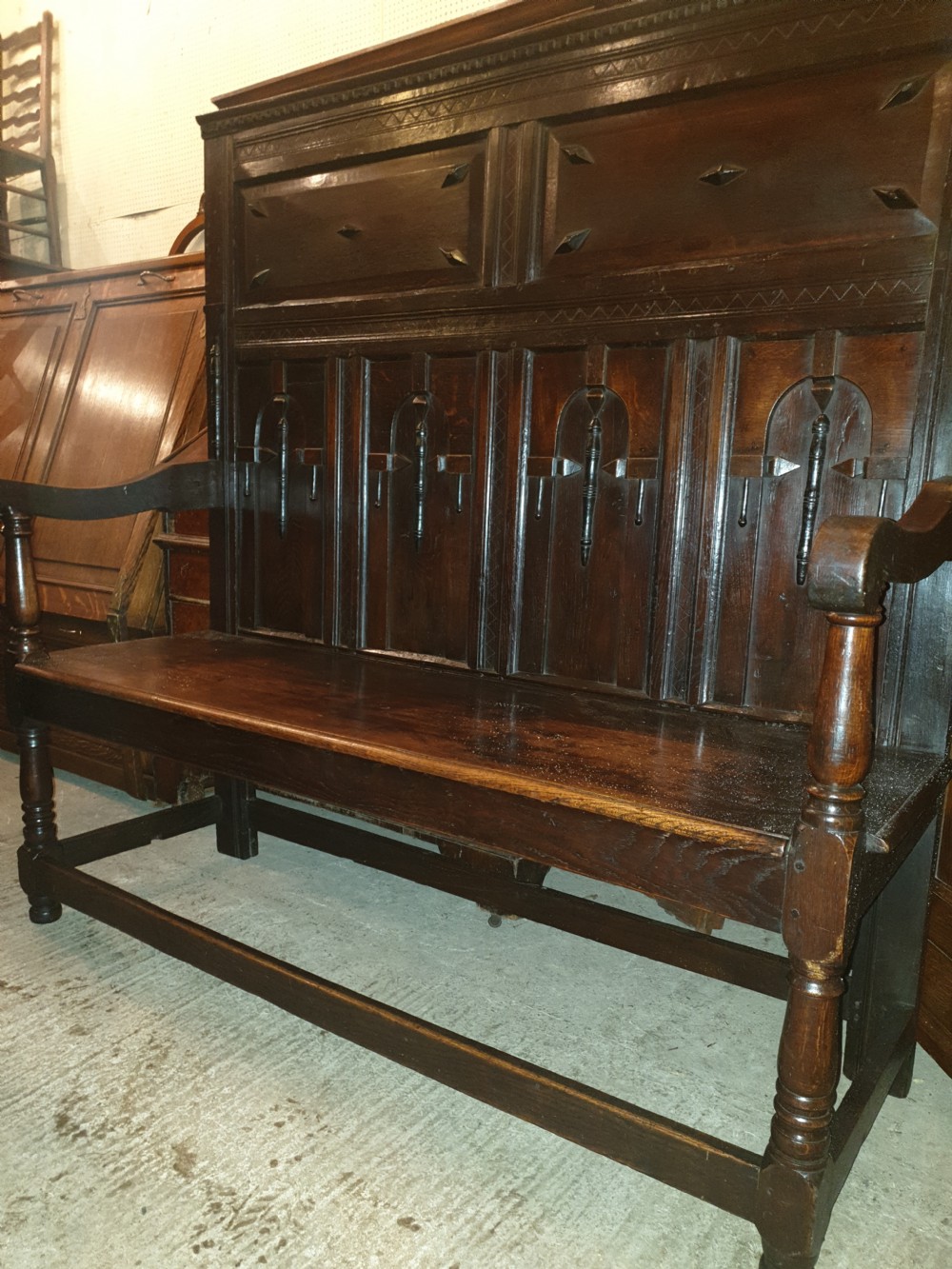 19th century panelled oak hall seat. View II