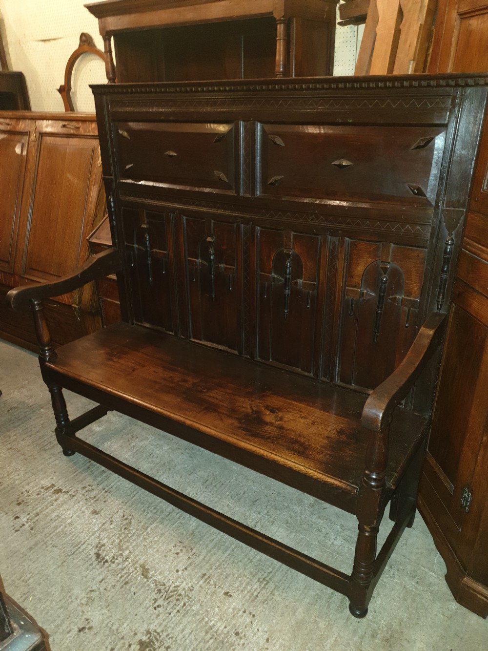 19th century panelled oak hall seat. View III
