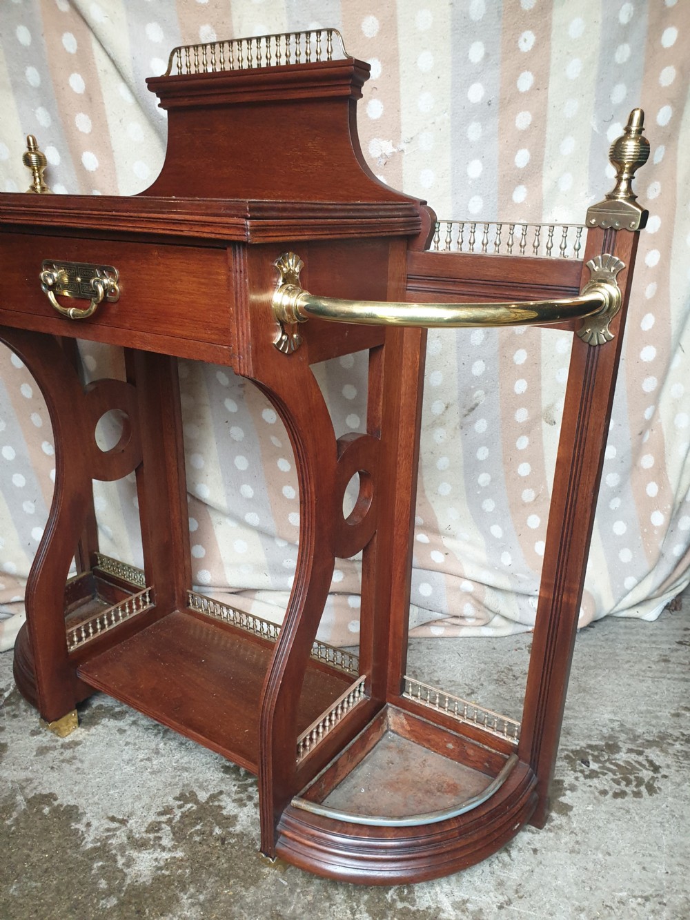 Late Victorian walnut and brass mounted umbrella hall stand  View II