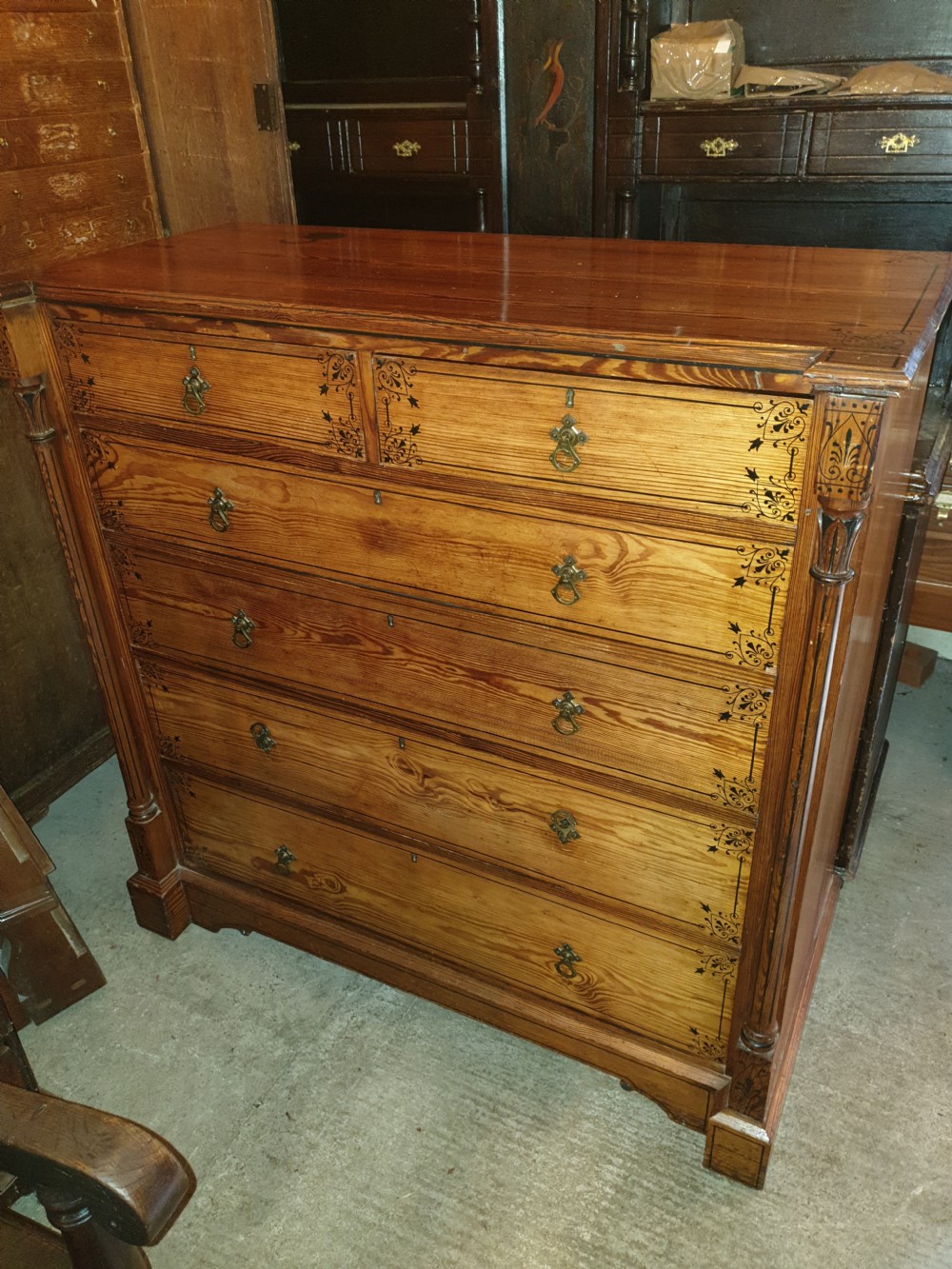 Victorian decorated pitch pine chest of drawers. 