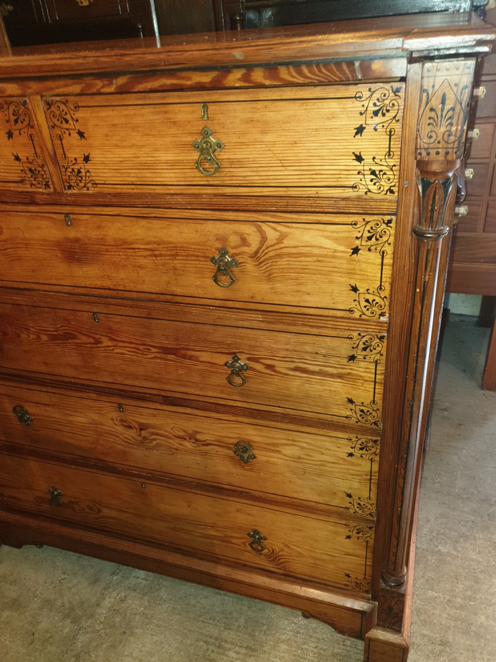 Victorian decorated pitch pine chest of drawers.  View II