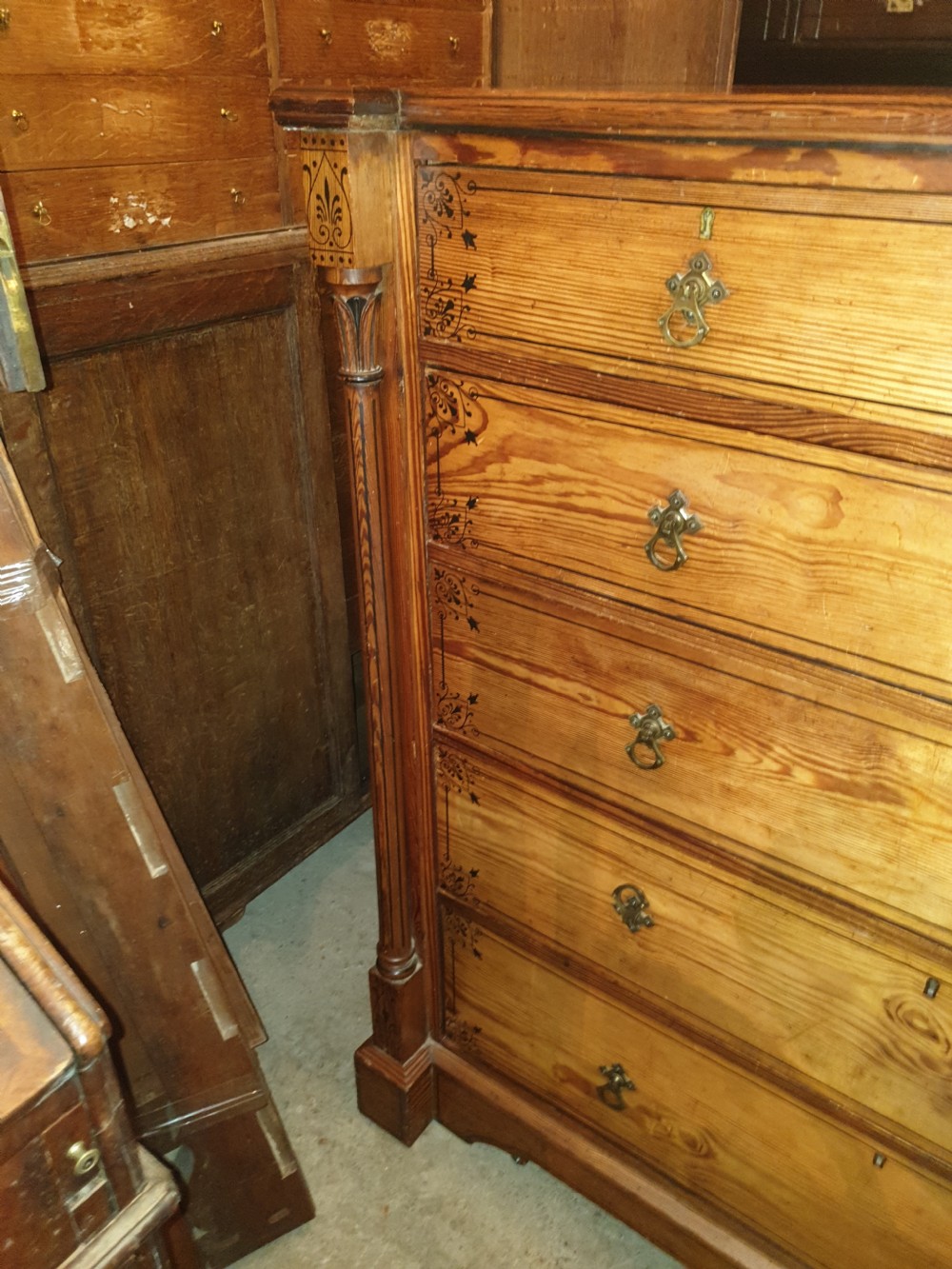 Victorian decorated pitch pine chest of drawers.  View III