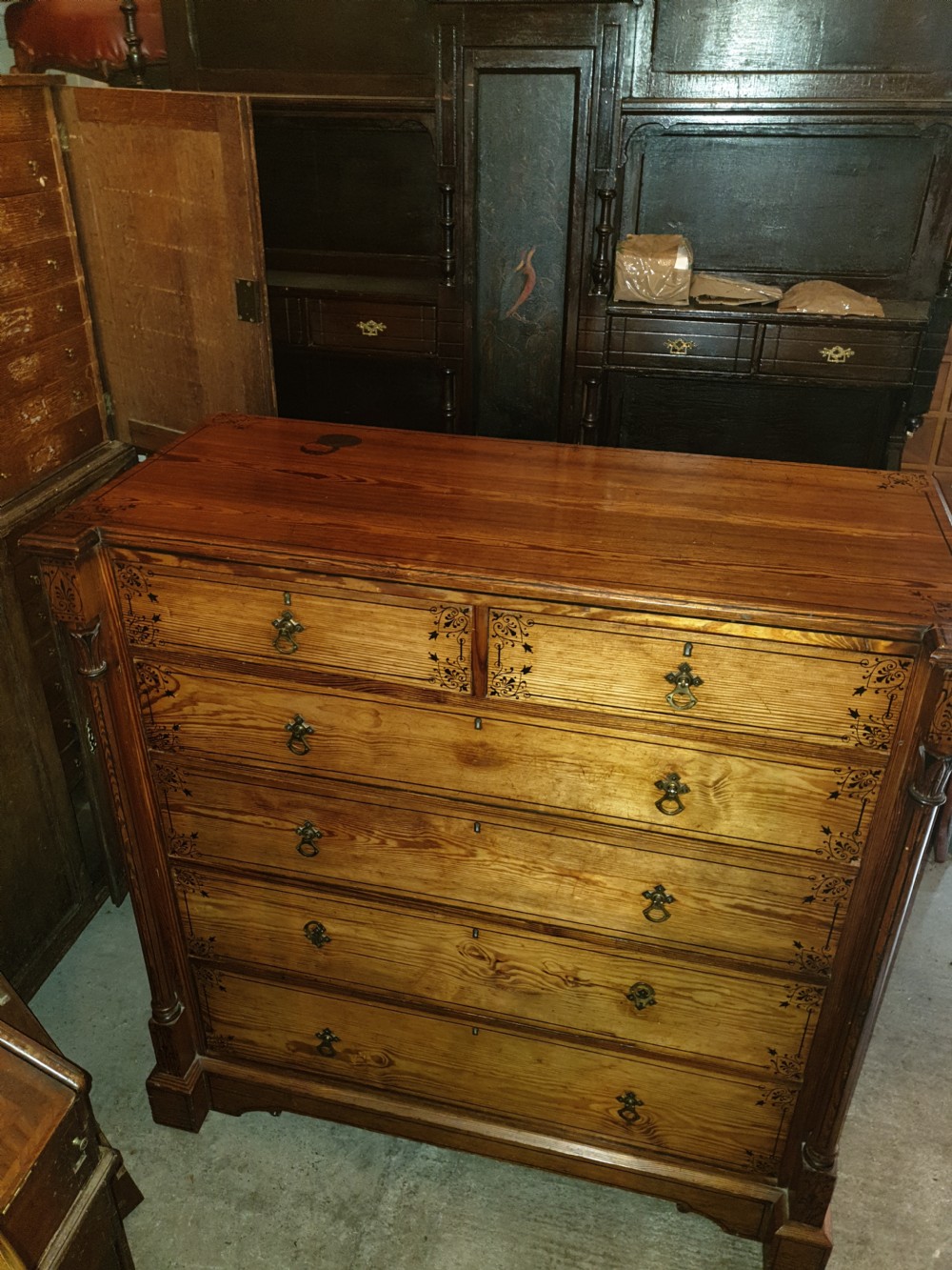 Victorian decorated pitch pine chest of drawers.  View IV
