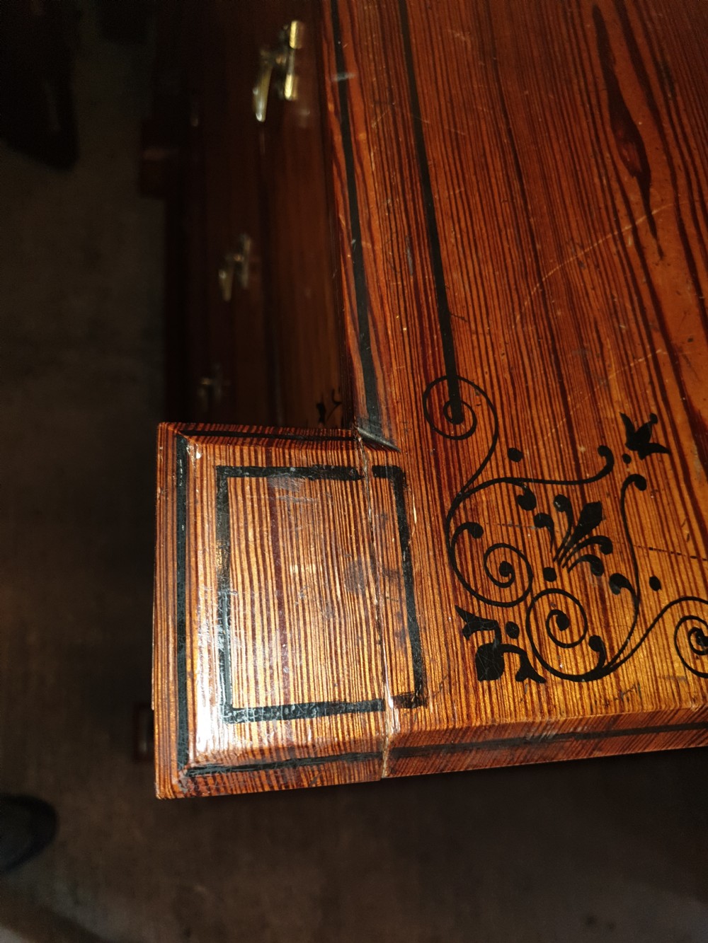 Victorian decorated pitch pine chest of drawers.  View VI