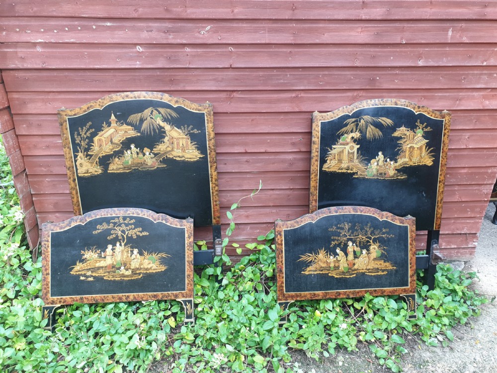 Pair of Edwardian decorated single beds with irons  View II