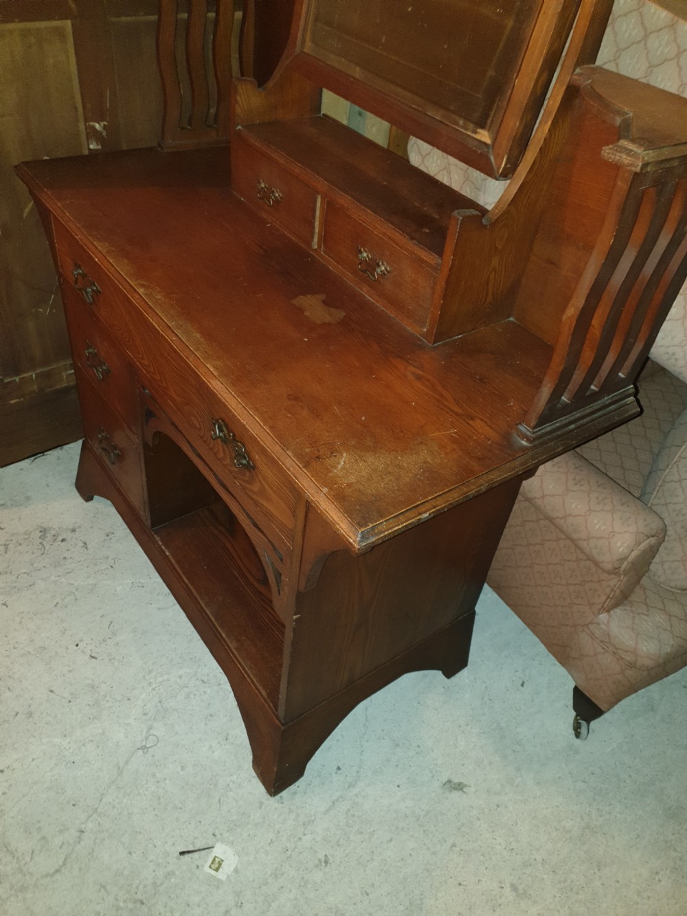 An Arts and Crafts ash bedroom suite featuring a multi-functional compactum wardrobe with leaded glass, a dressing table with mirror, and a tiled washstand with marble surface. View XI