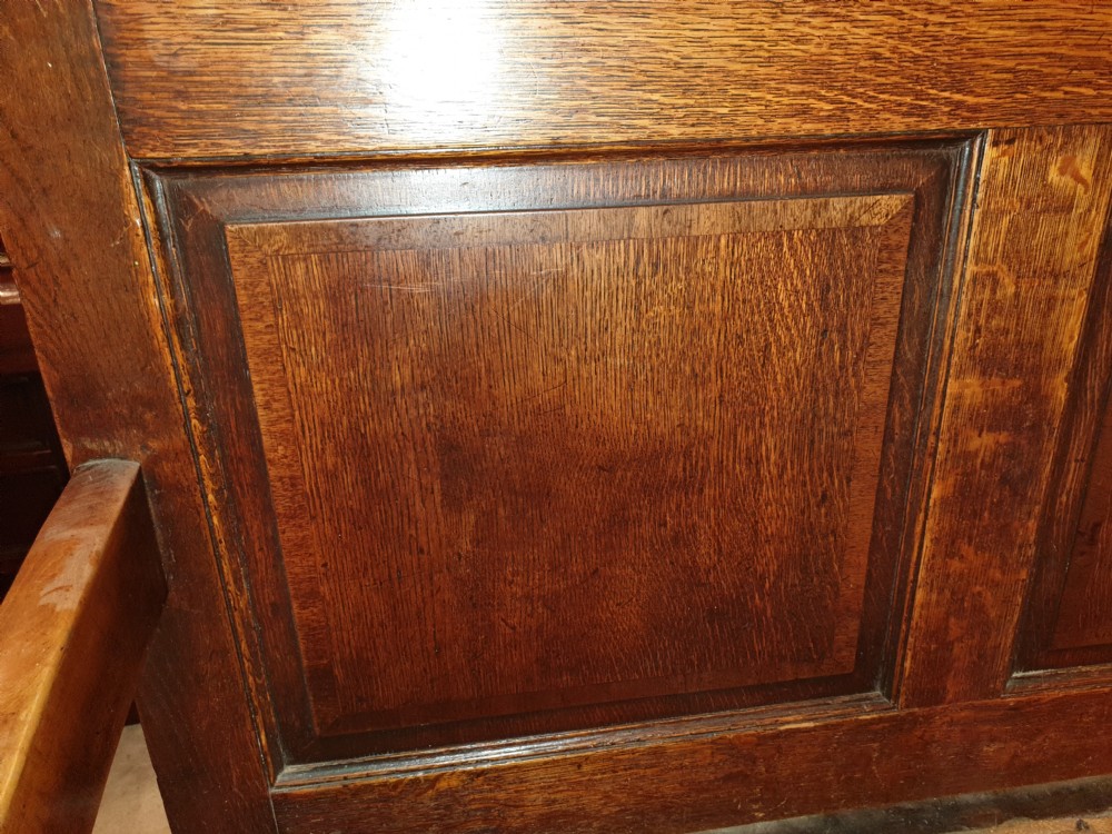 Late Georgian crossbanded oak panelled hall seat View III