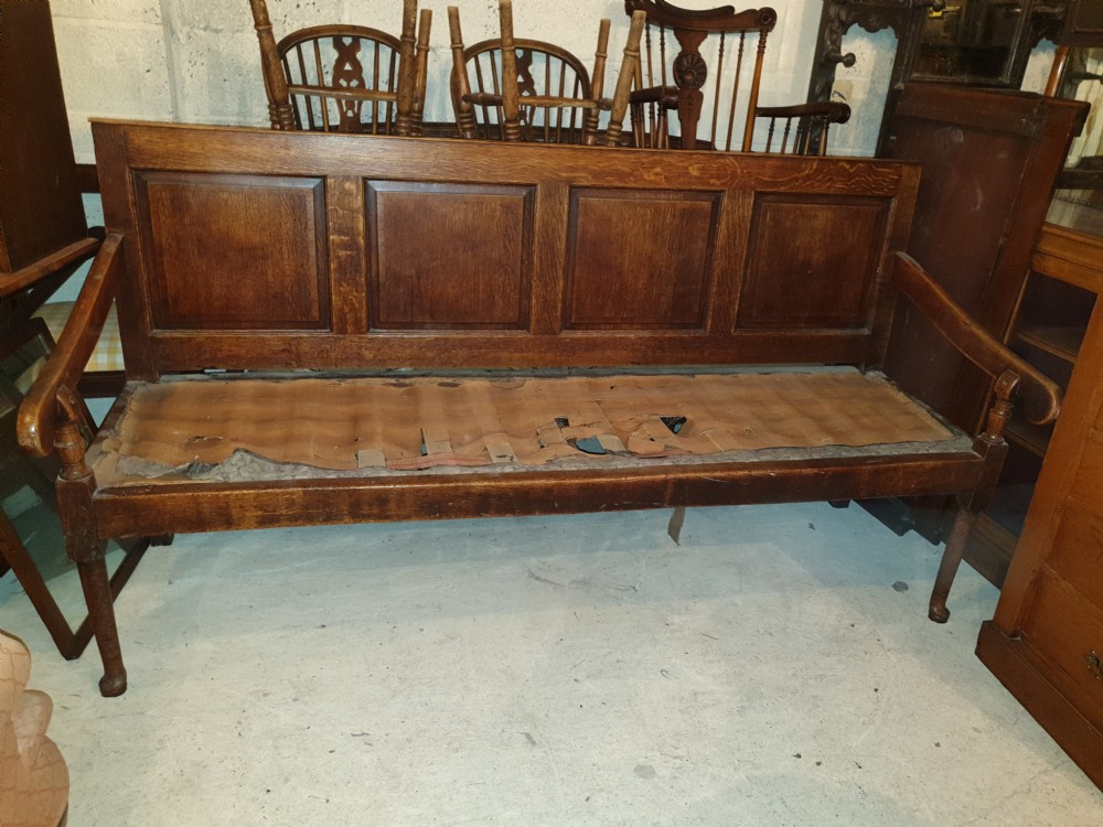Late Georgian crossbanded oak panelled hall seat View V