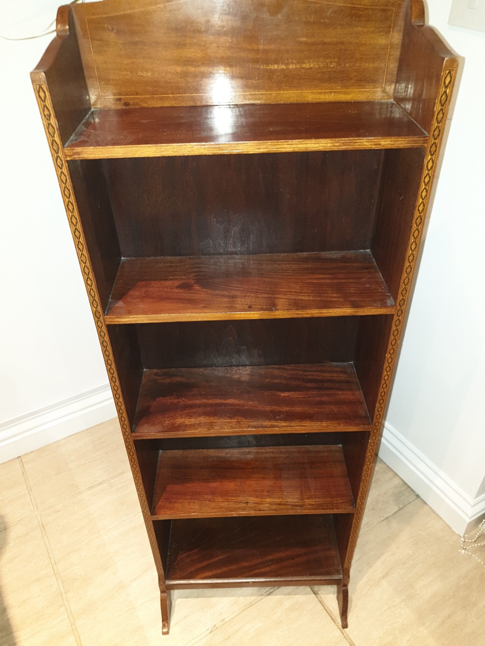 Small Edwardian inlaid mahogany open bookcase  View II