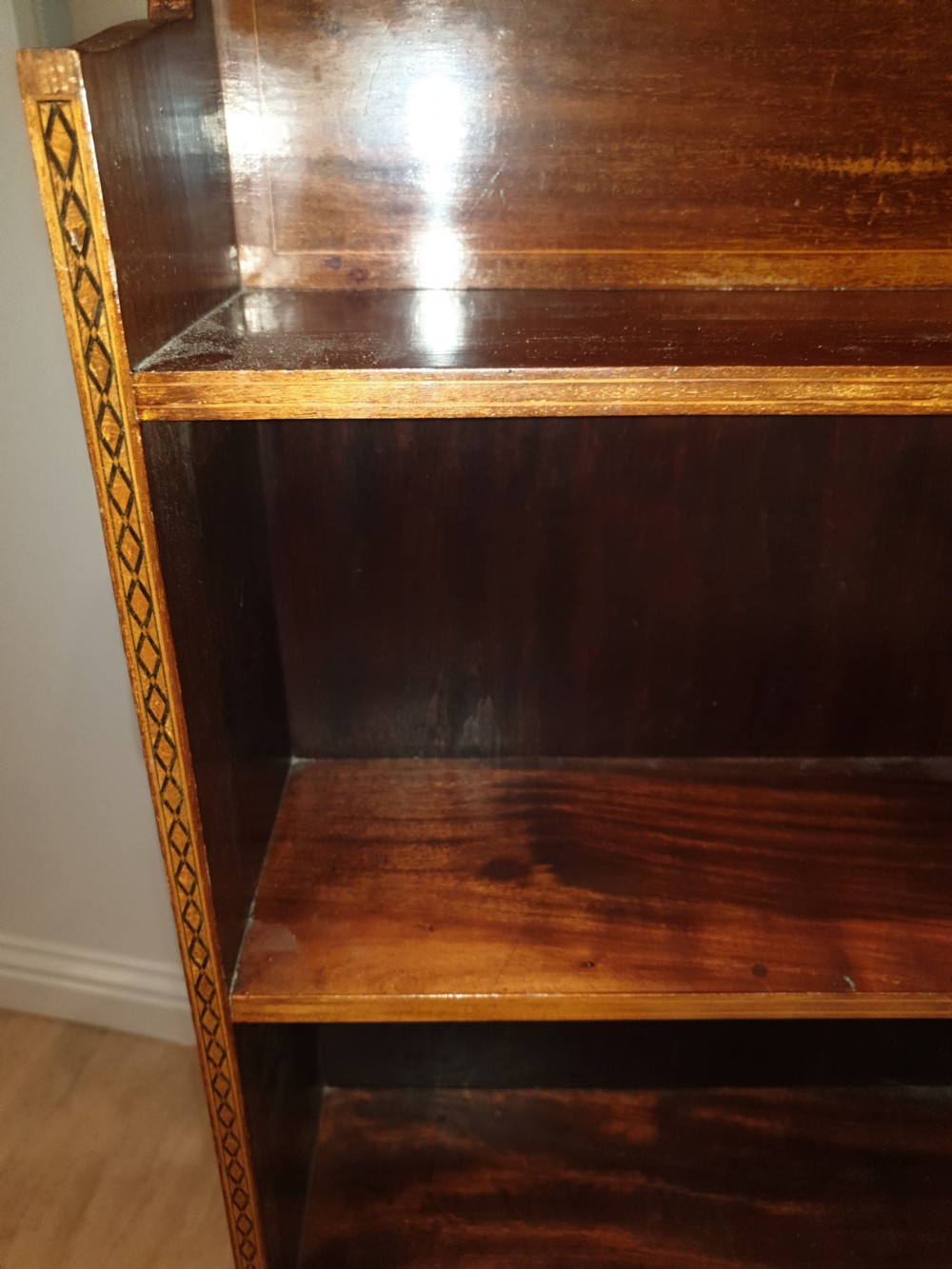 Small Edwardian inlaid mahogany open bookcase  View III