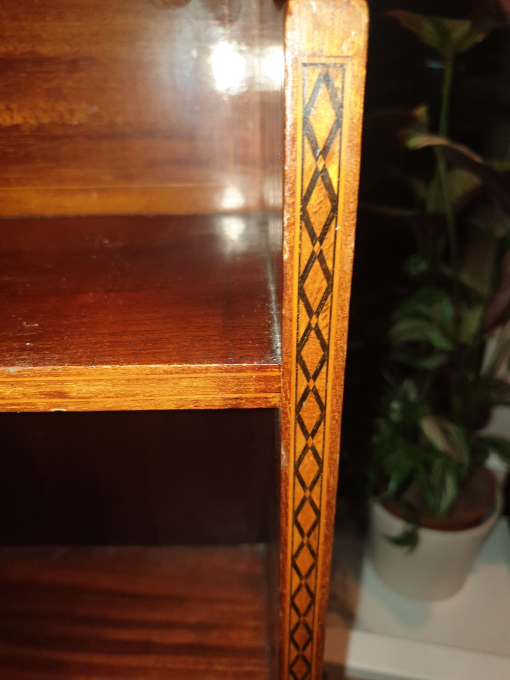 Small Edwardian inlaid mahogany open bookcase  View IV