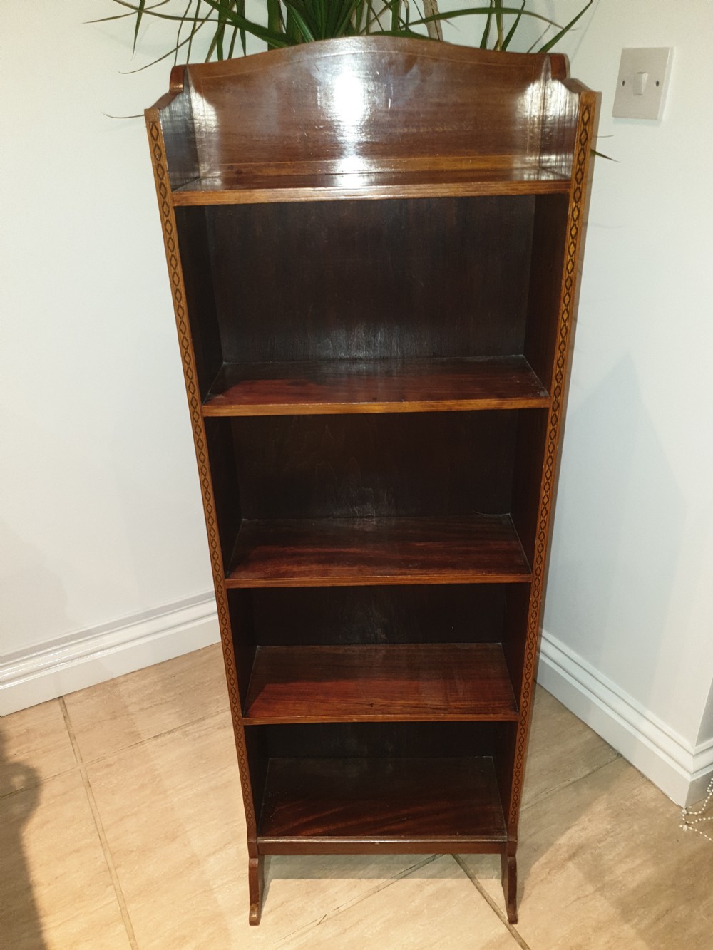 Small Edwardian inlaid mahogany open bookcase  View V