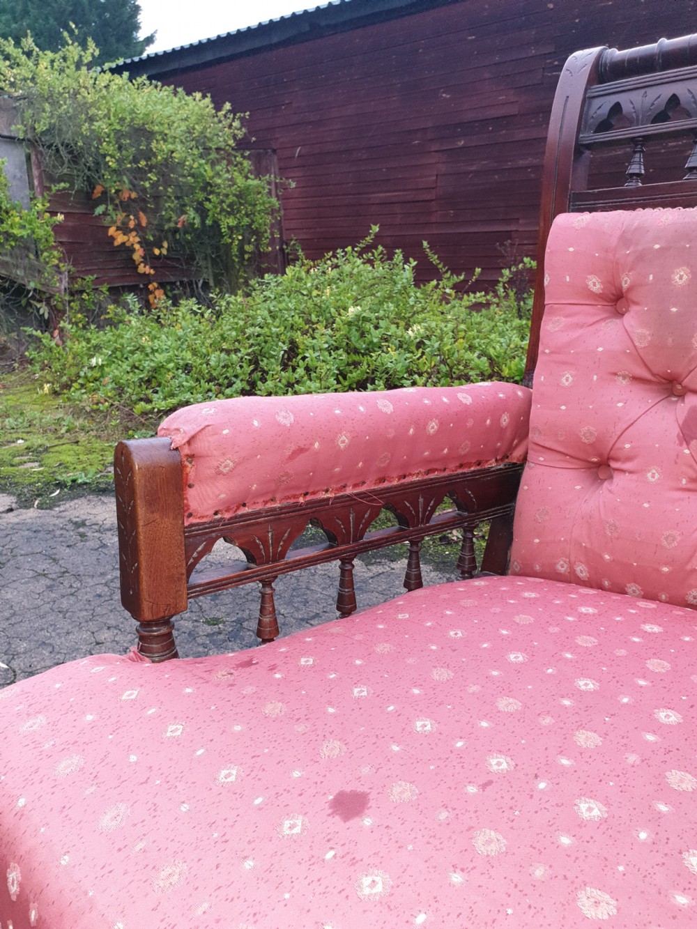Late Victorian upholstered armchair.  View III