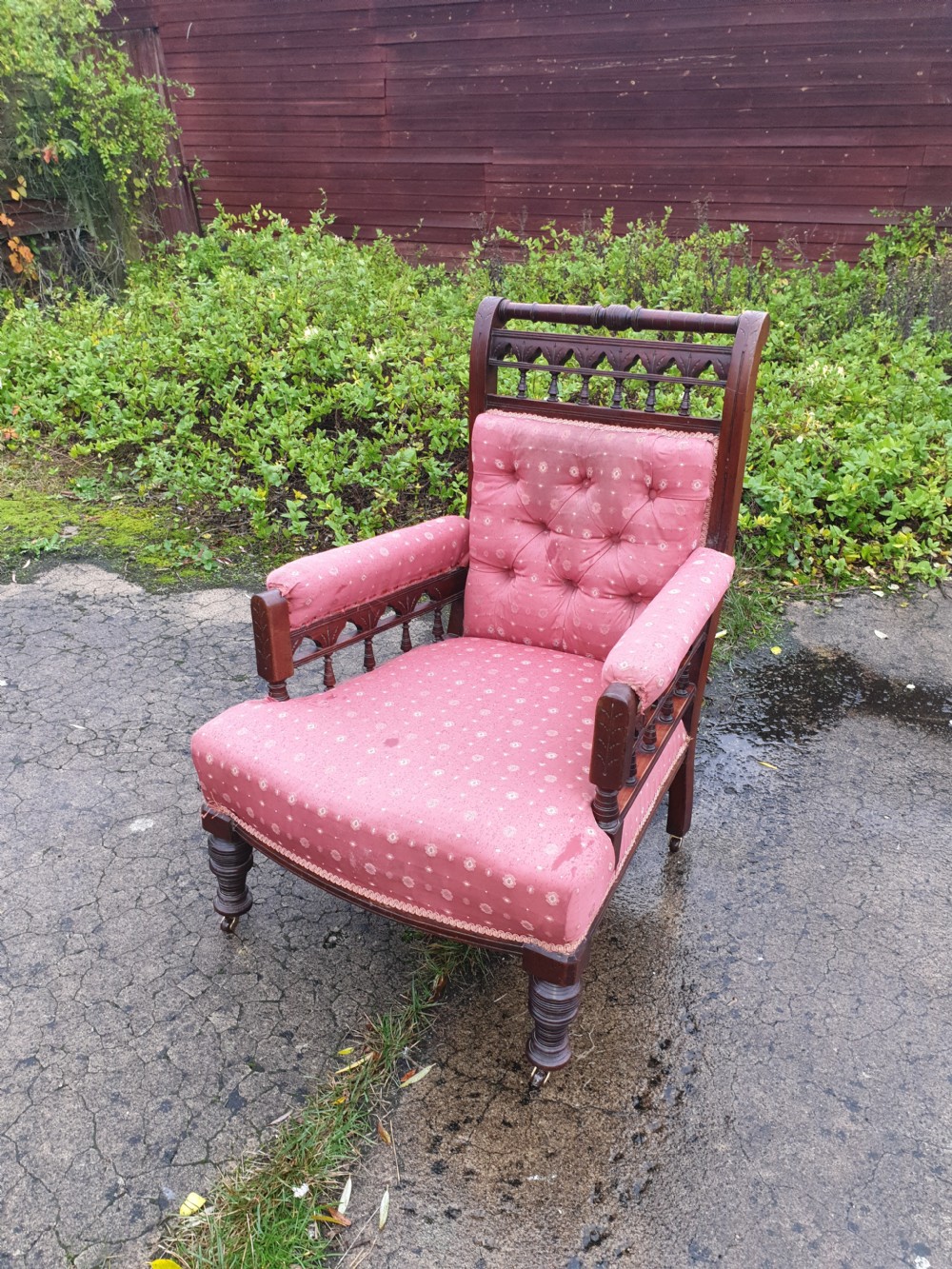 Late Victorian upholstered armchair.  View V