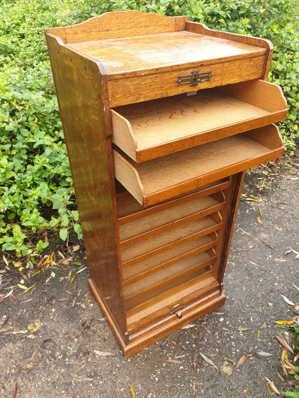 Early 20th century oak tambour front cabinet.  View III