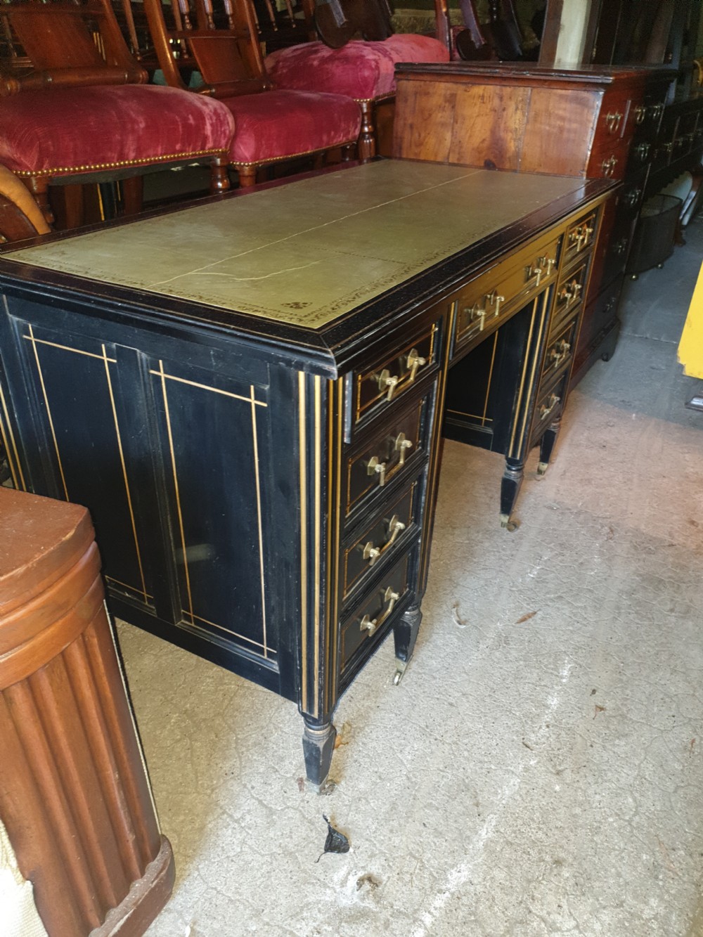 Victorian ebonised and gilt highlighted kneehole pedestal desk  View III