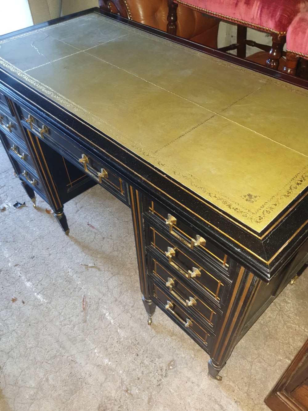 Victorian ebonised and gilt highlighted kneehole pedestal desk  View V