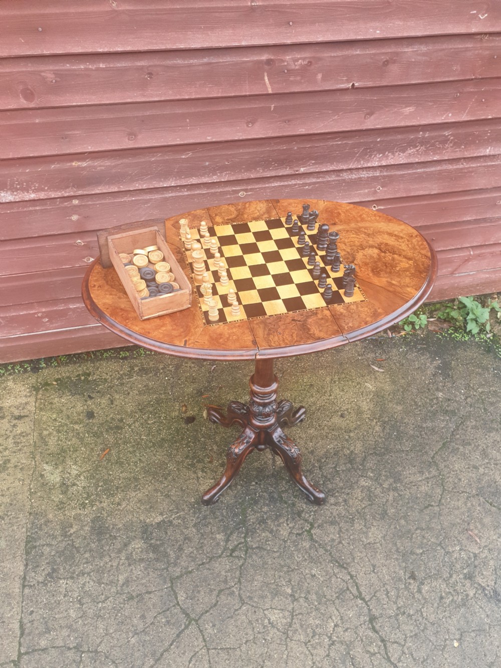 Victorian drop flap games table. Complete with games pieces.  View V