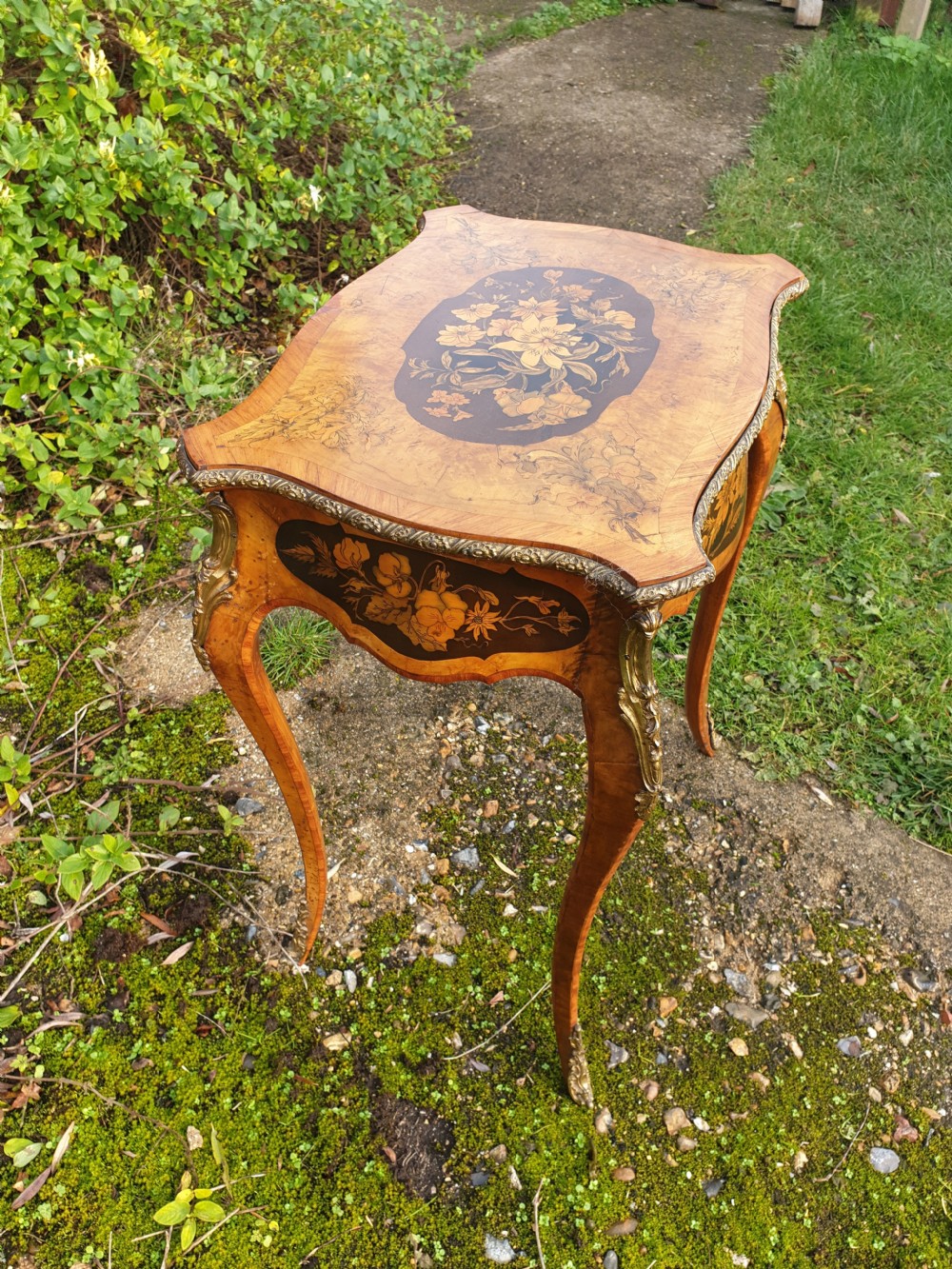 Pretty inlaid Victorian work table View II