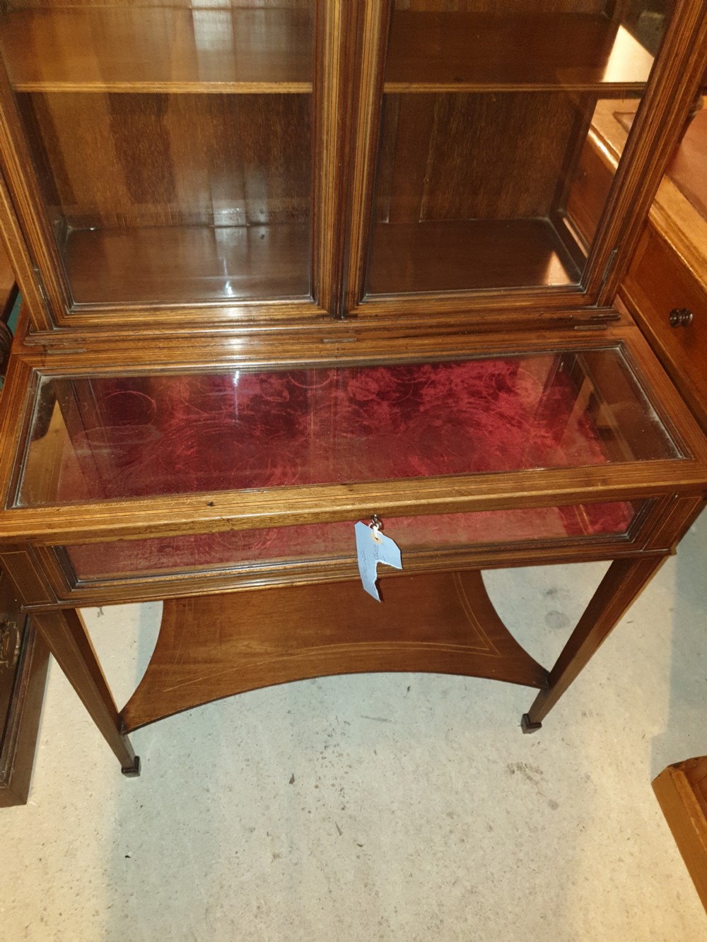 Edwardian inlaid mahogany bijouterie display cabinet  View V
