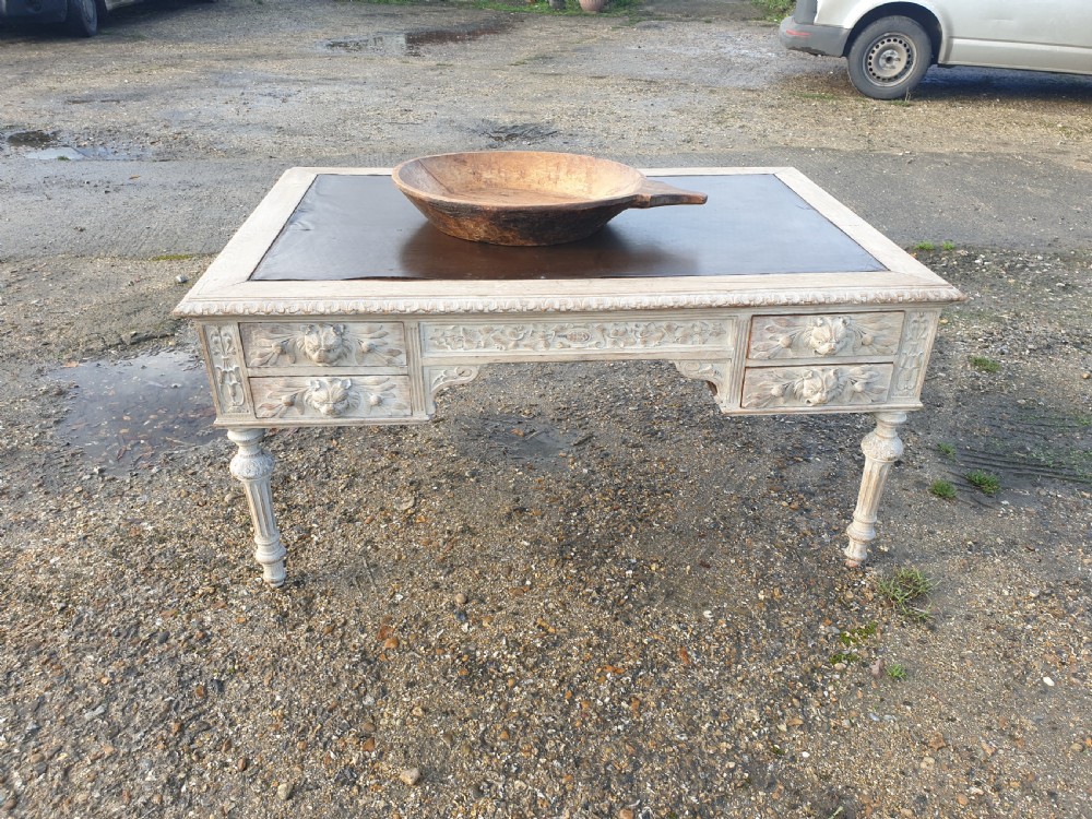 Large carved limed oak partners writing desk  View II