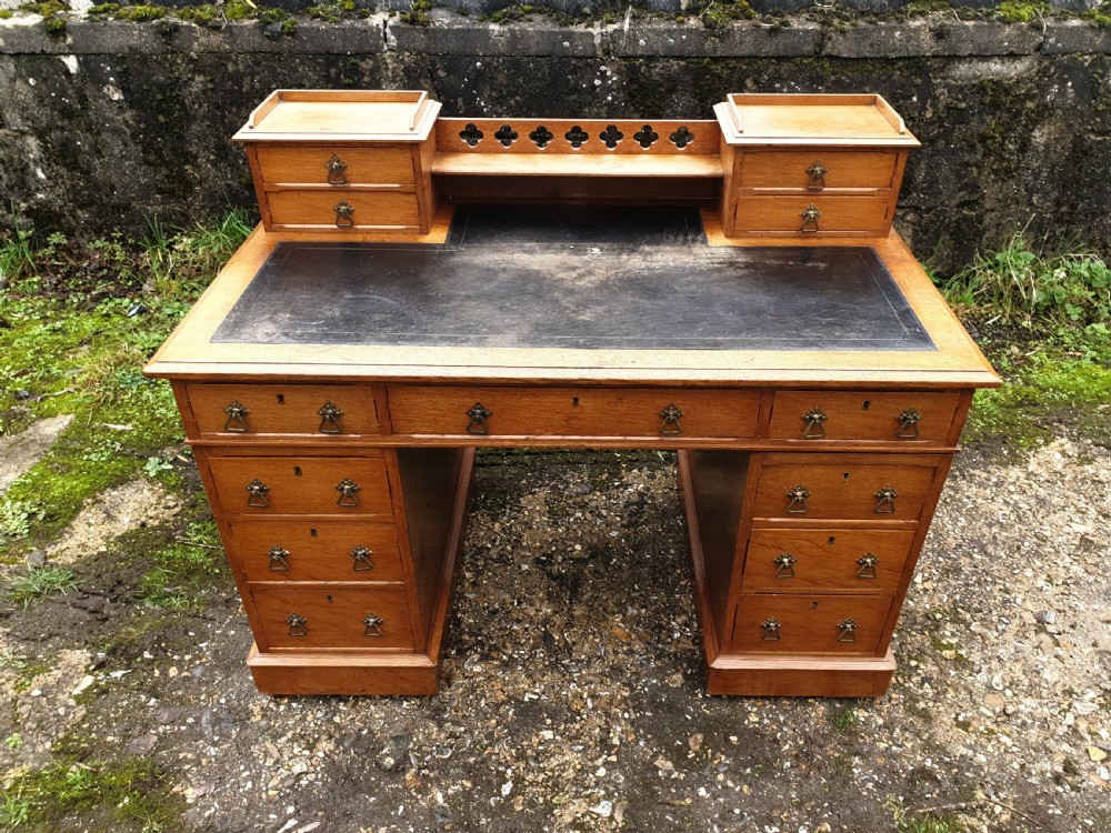 Late Victorian light oak kneehole pedestal desk.  View II