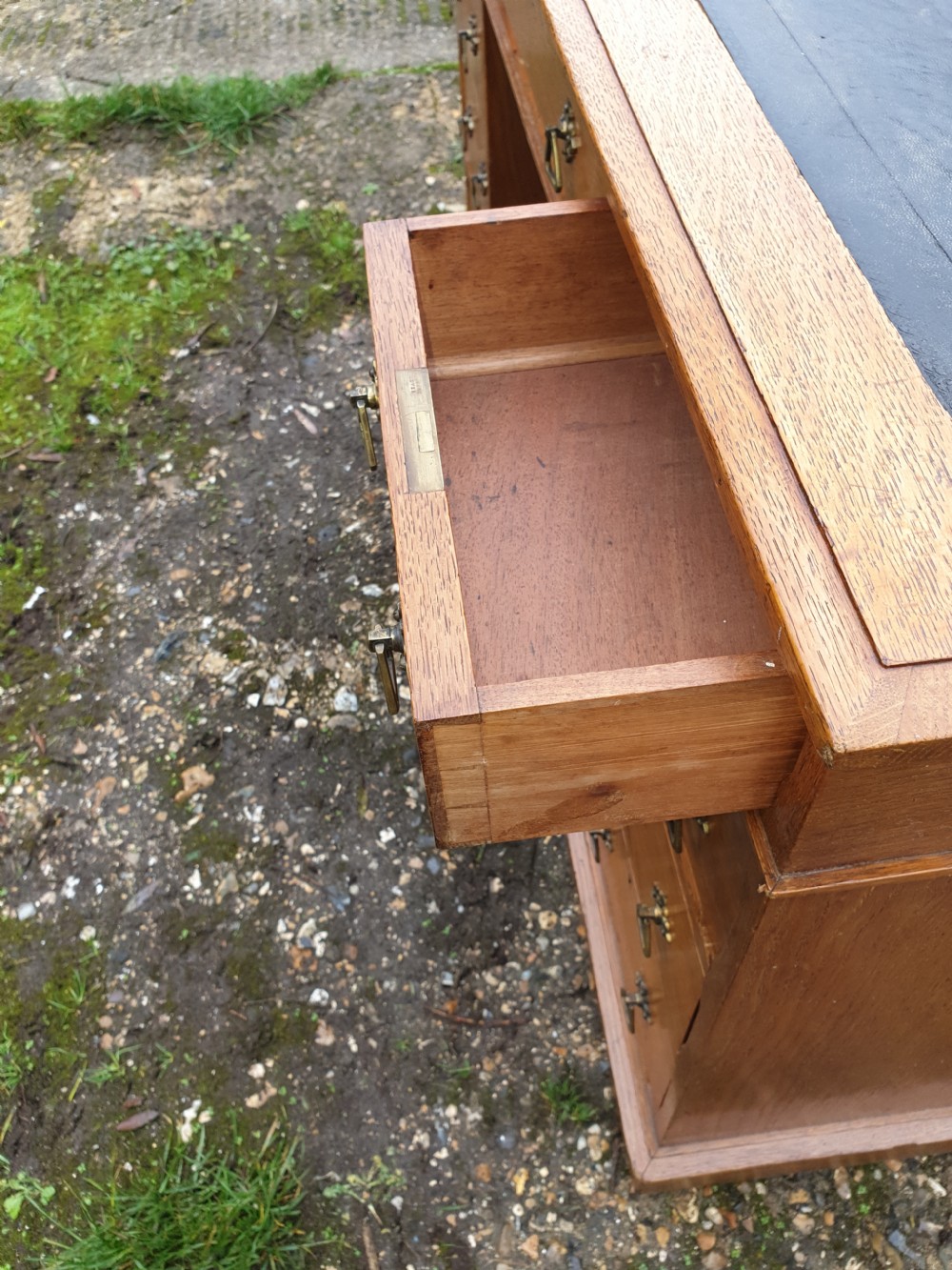 Late Victorian light oak kneehole pedestal desk.  View IV