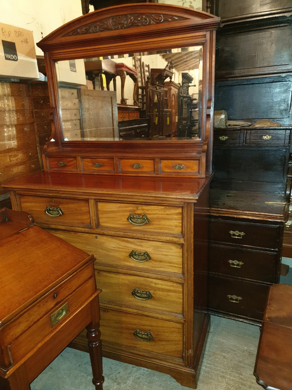 Good practical late Victorian chest of drawers with mirror.  View VIII