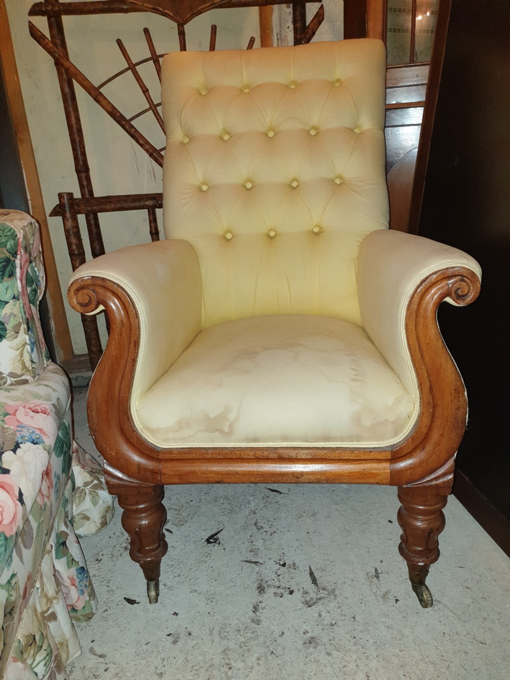Early Victorian mahogany frame library armchair  View II