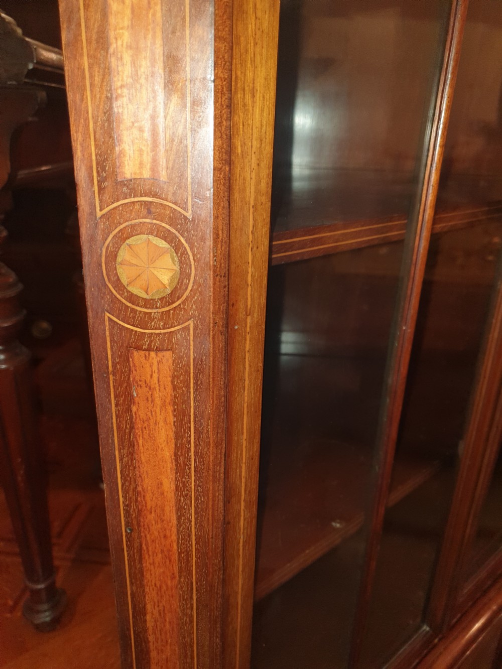 Early 20th century inlaid mahogany corner cabinet.  View III