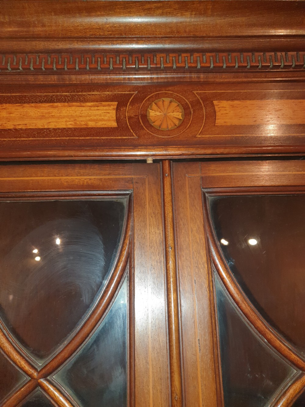 Early 20th century inlaid mahogany corner cabinet.  View IV